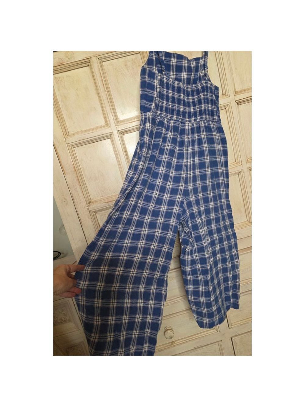 Women's Old Navy Blue White Plaid Cropped Square Neck Jumpsiit size M - Picture 3 of 10